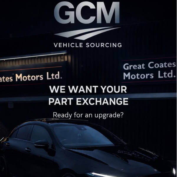 Promotional image for GCM Vehicle Sourcing with a car and text about part exchange.